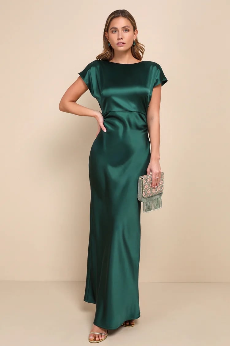 Dark Green Satin Maxi Dress with Boat Neckline Dark Green Satin Maxi Dress with Boat Neckline — Aesthetic Dark Green Dress