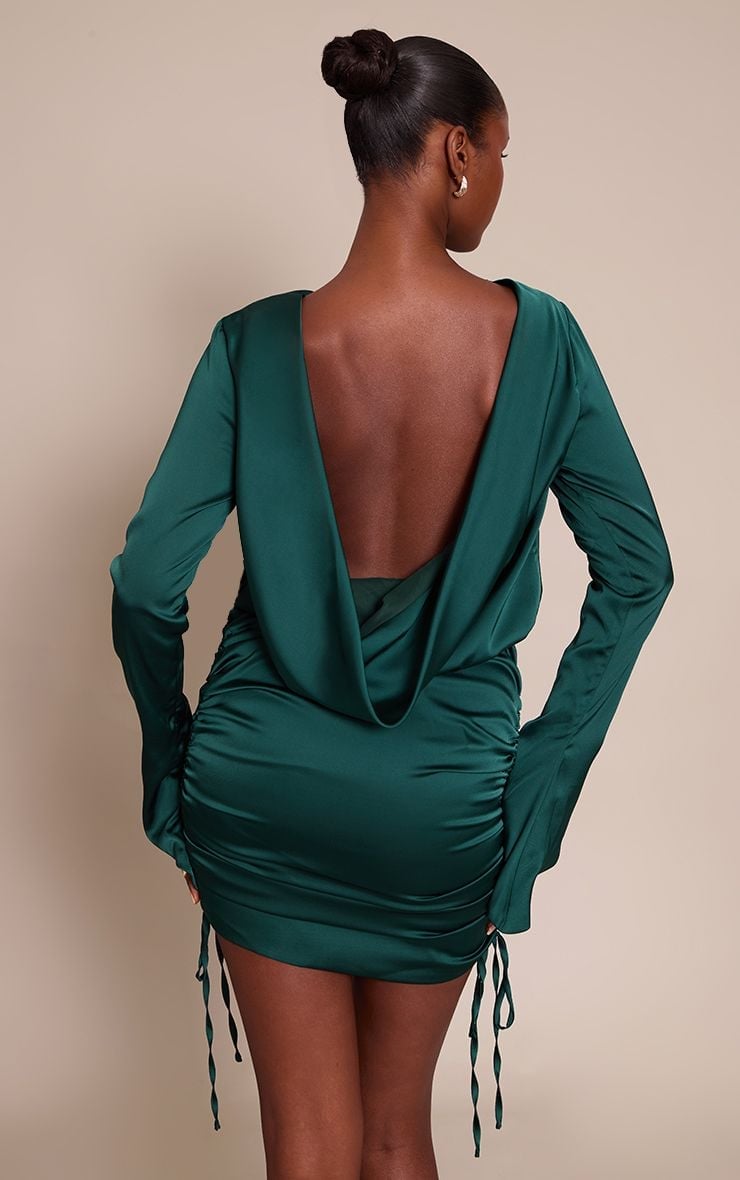 Dark Green Satin Ruched Mini Dress with Open Back Dark Green Satin Ruched Mini Dress with Open Back — Aesthetic Dark Green Dress