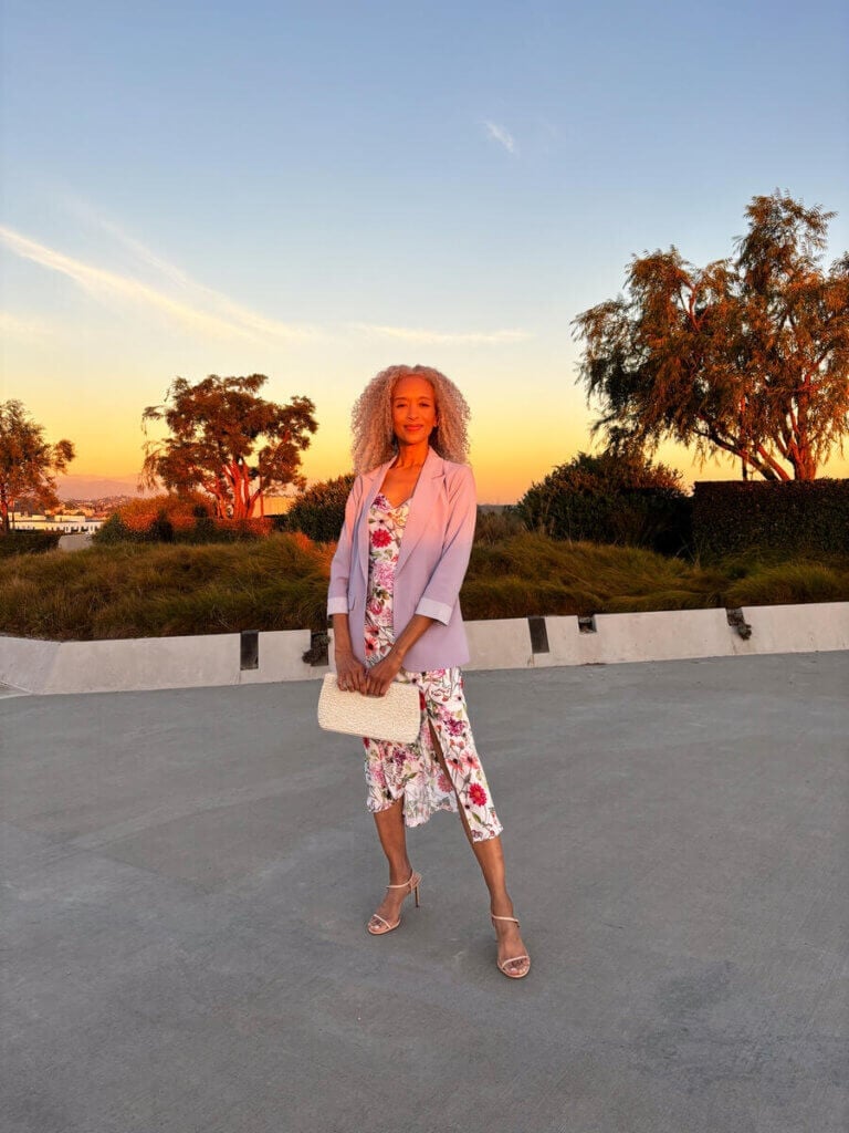 Light Purple Blazer Over Floral Midi Dress Light Purple Blazer Over Floral Midi Dress — Aesthetic Date Night Outfits