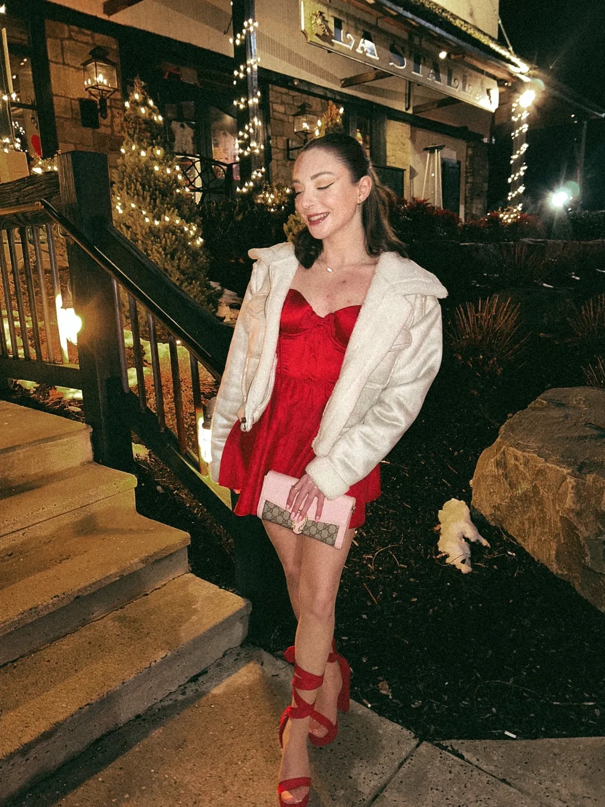 Red Satin Mini Dress with Cream Jacket Red Satin Mini Dress with Cream Jacket — Aesthetic Date Night Outfits