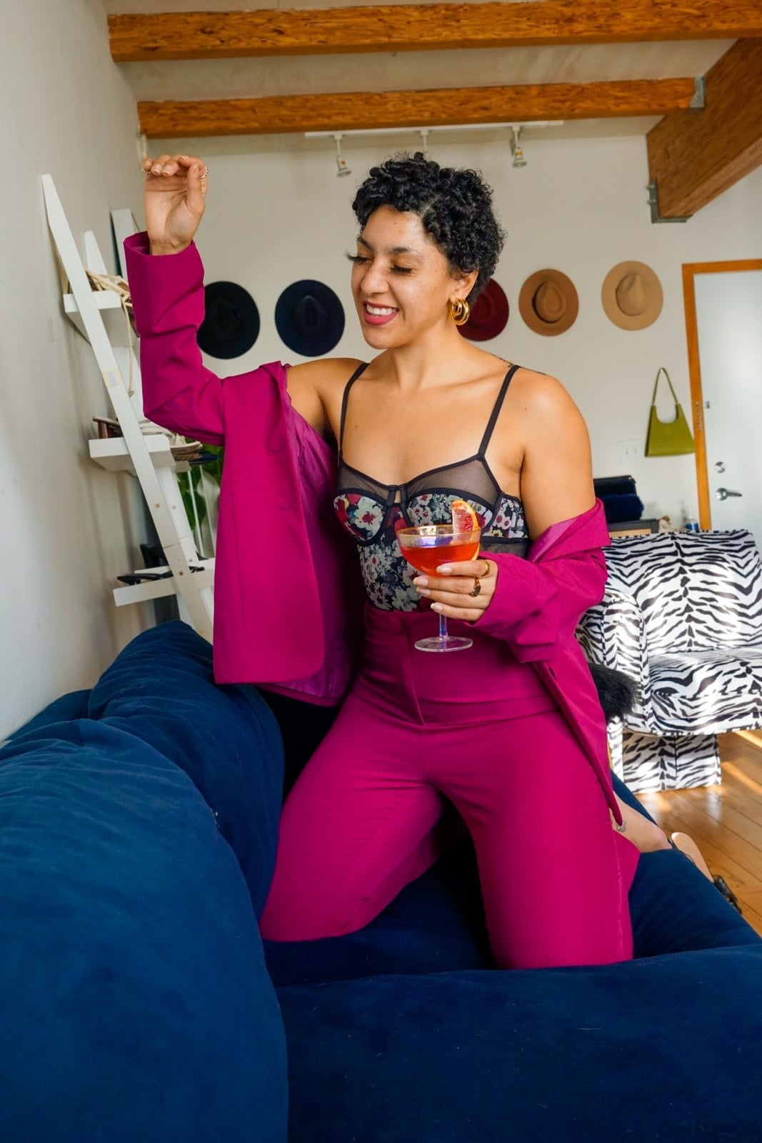 Fuchsia Blazer with Floral Bodysuit and Wide-Leg Pants Fuchsia Blazer with Floral Bodysuit and Wide-Leg Pants — Aesthetic Date Night Outfits