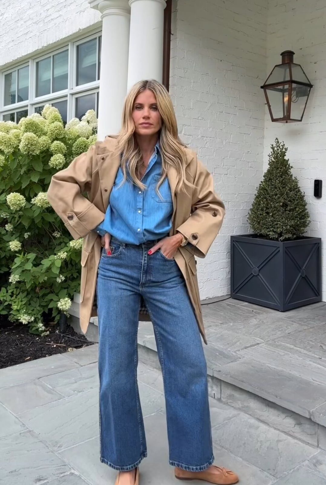 Denim Shirt and Jeans with Camel Trench Coat Denim Shirt and Jeans with Camel Trench Coat — Aesthetic Date Night Outfits