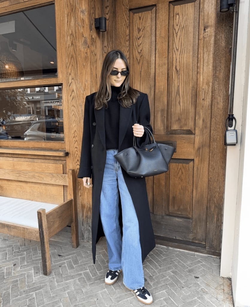 Long Black Coat Over Jeans and Turtleneck, Close-Up Take Long Black Coat Over Jeans and Turtleneck, Close-Up Take — Aesthetic Date Night Outfits