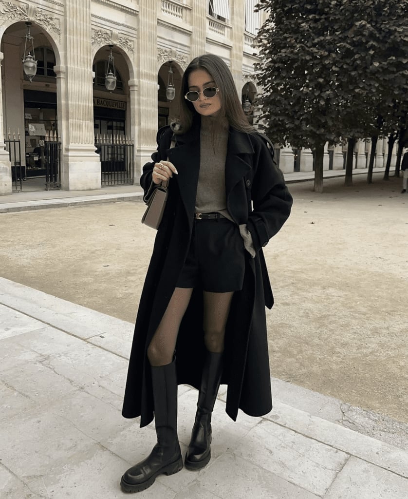 Trench Coat Over Leather Shorts for City Date Trench Coat Over Leather Shorts for City Date — Aesthetic Date Night Outfits