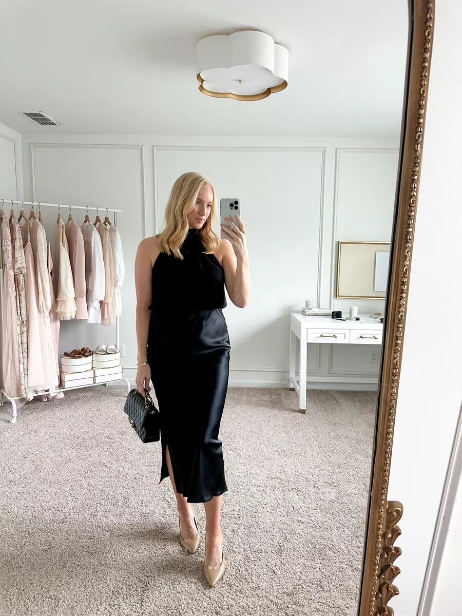 Black Satin Midi Skirt with Halter Top Black Satin Midi Skirt with Halter Top — Aesthetic Date Night Outfits