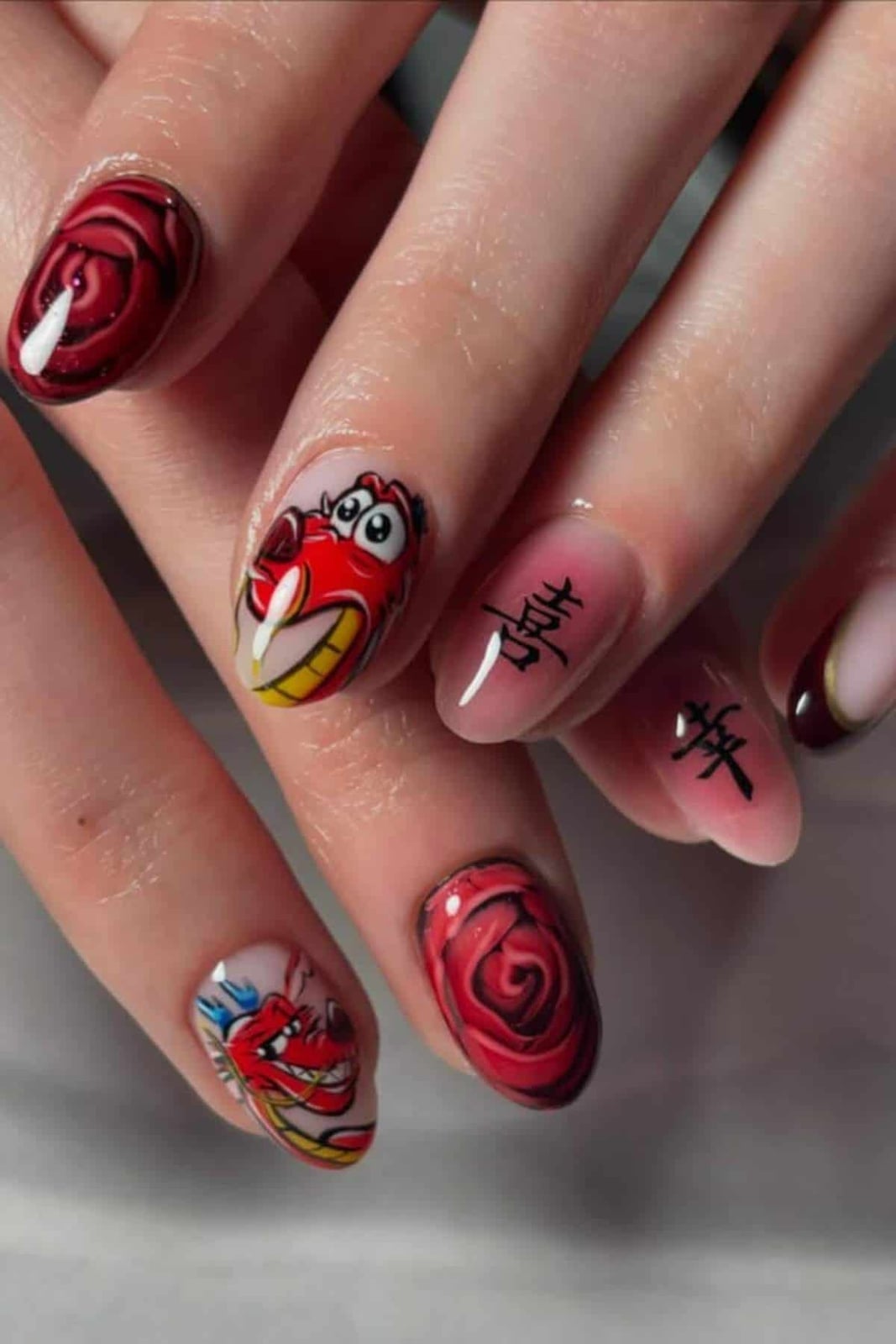 Short Oval With Mushu And Rose Art — Aesthetic Disney Nails