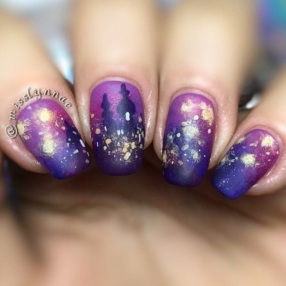 Short Oval Aurora Borealis With Hidden Silhouettes — Aesthetic Disney Nails