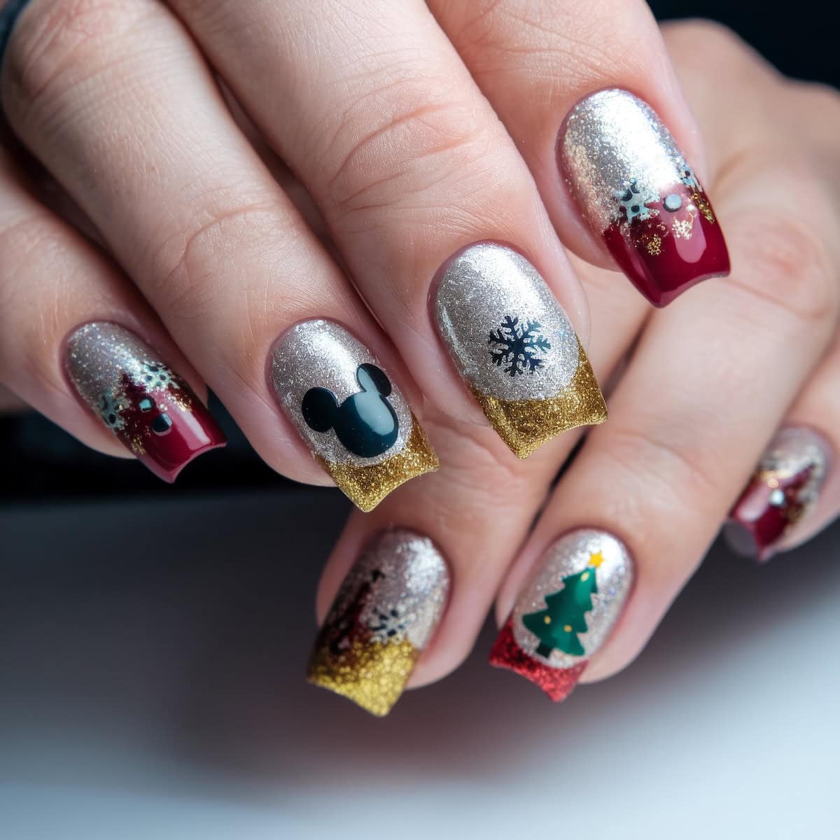 Medium Square Christmas Mickey Mouse Nails — Aesthetic Disney Nails