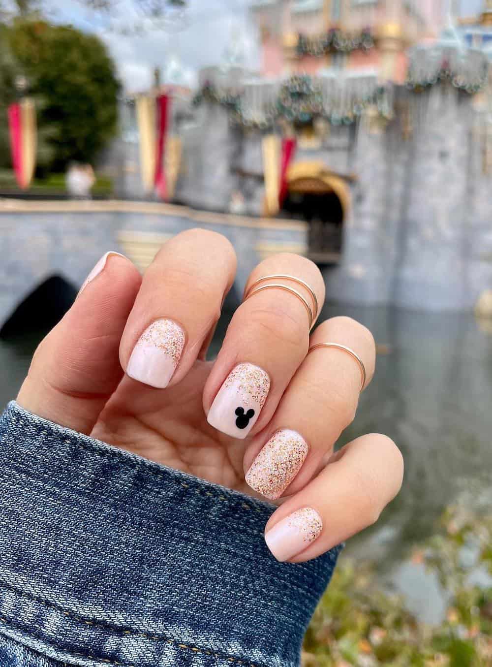 Short Almond Pink With Mickey Mouse Silhouette — Aesthetic Disney Nails