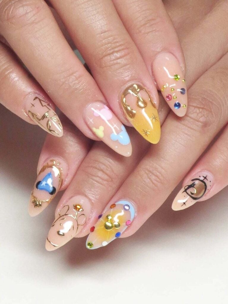 Long Stiletto With 3D Mickey Ears and Character Art — Aesthetic Disney Nails