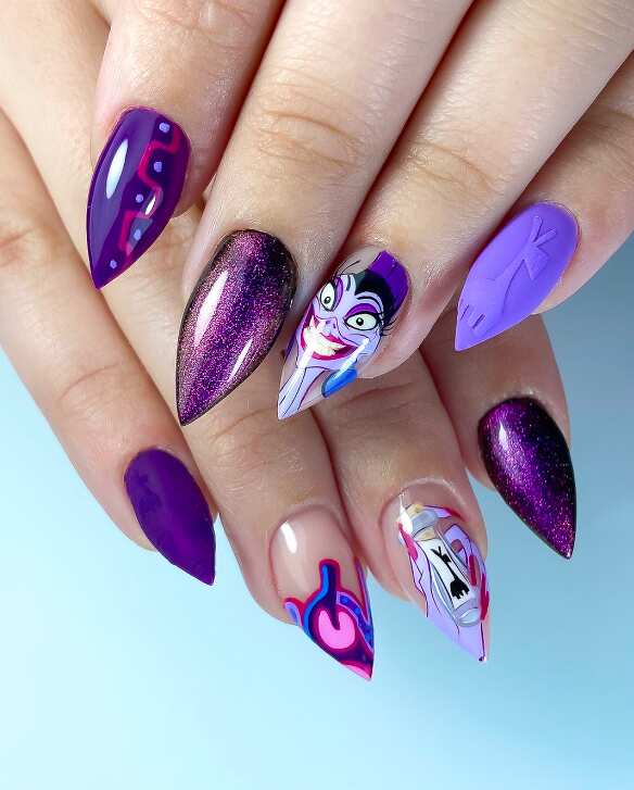 Bold Purple Stiletto With Villain Illustrations — Aesthetic Disney Nails