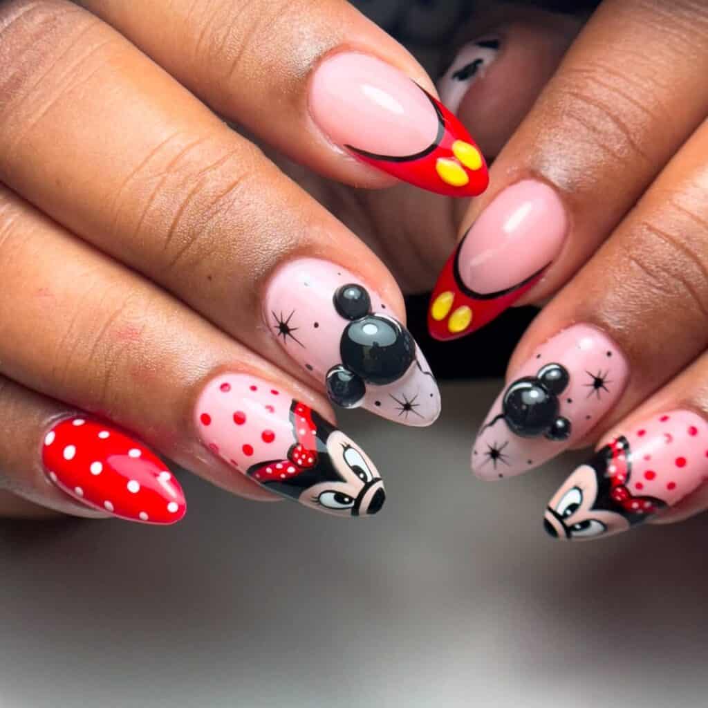 Minnie Mouse Themed Pink And Red Almond Nails — Aesthetic Disney Nails