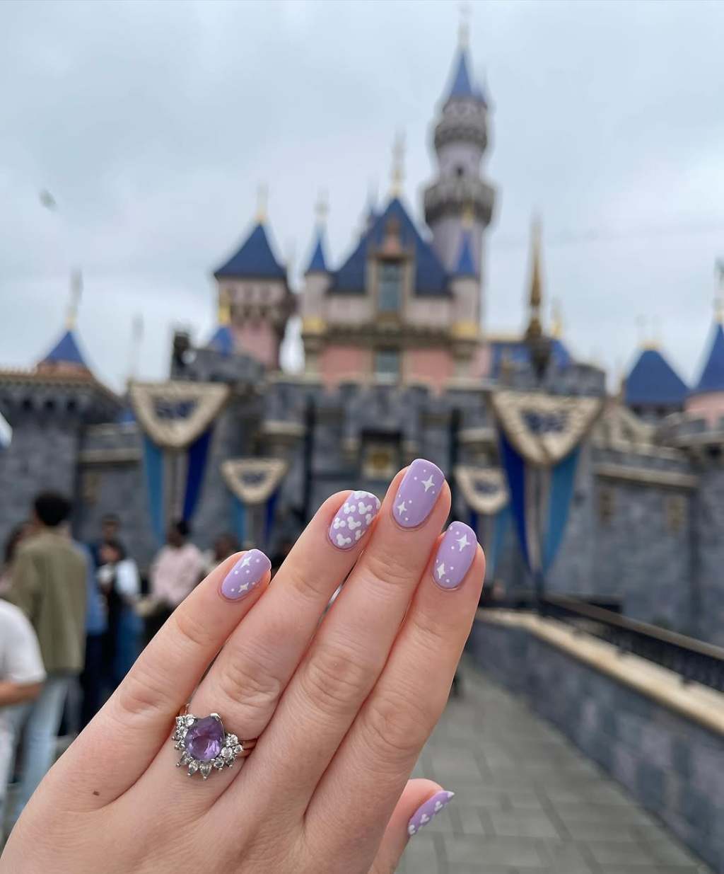 Lavender Oval Nails With White Stars and Hearts — Aesthetic Disney Nails