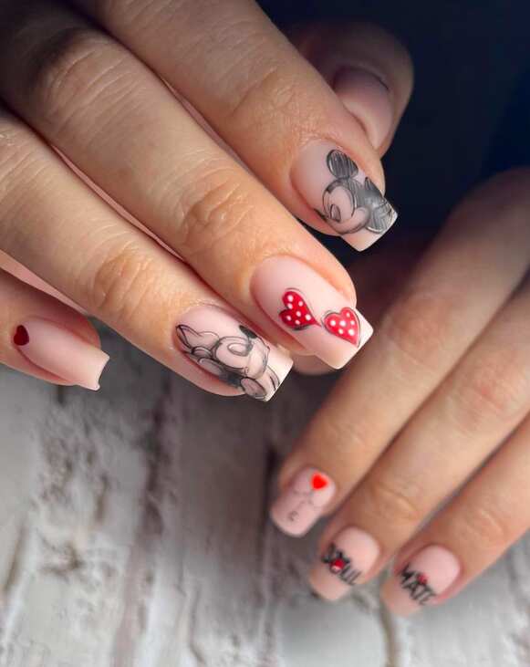 Long Tapered Nude With Mickey Mouse Illustrations — Aesthetic Disney Nails