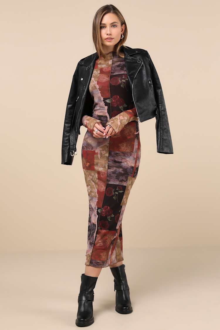 Fitted Long Sleeve Mesh Dress With Patchwork Print — Aesthetic Dress with Sleeves