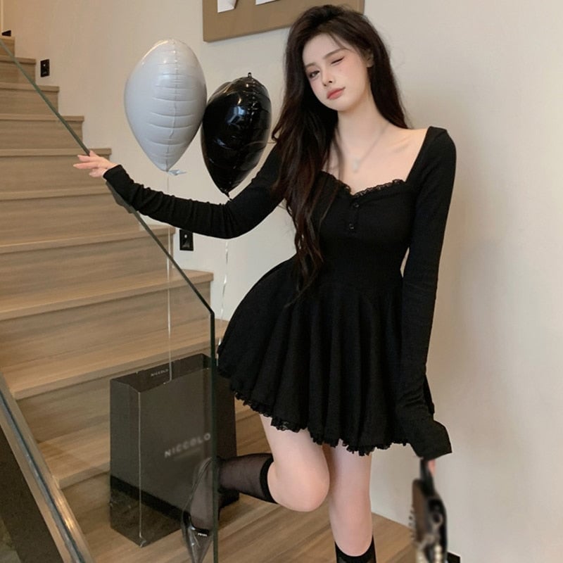Black Ribbed Knit Mini Dress With Sweetheart Neckline — Aesthetic Dress with Sleeves