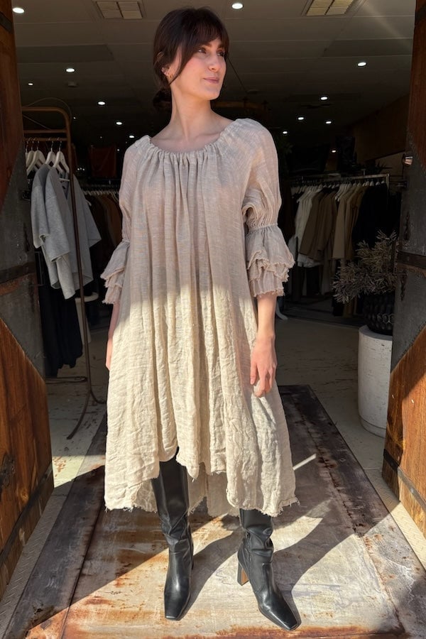 Beige Linen Dress With Ruffled Sleeves And High-Low Hem — Aesthetic Dress with Sleeves