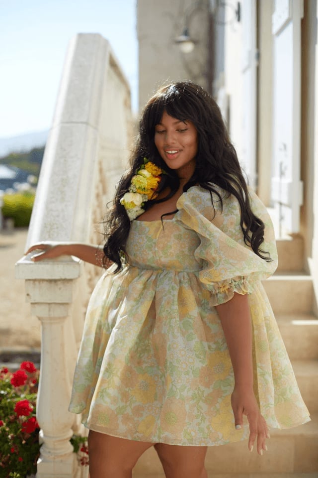 Yellow Floral Organza Babydoll Dress With Puff Sleeves — Aesthetic Dress with Sleeves