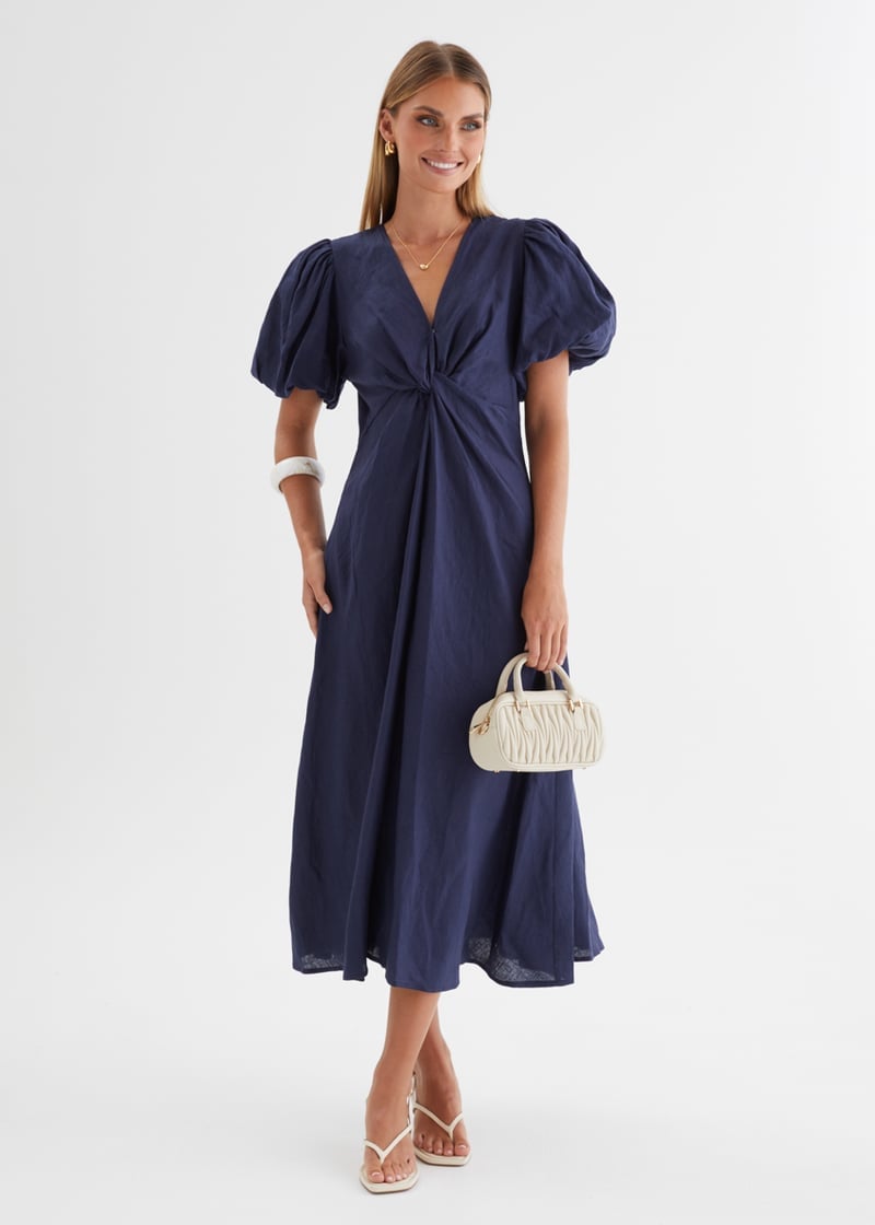 Navy Blue Puff Sleeve Midi Dress With Twisted Bust — Aesthetic Dress with Sleeves
