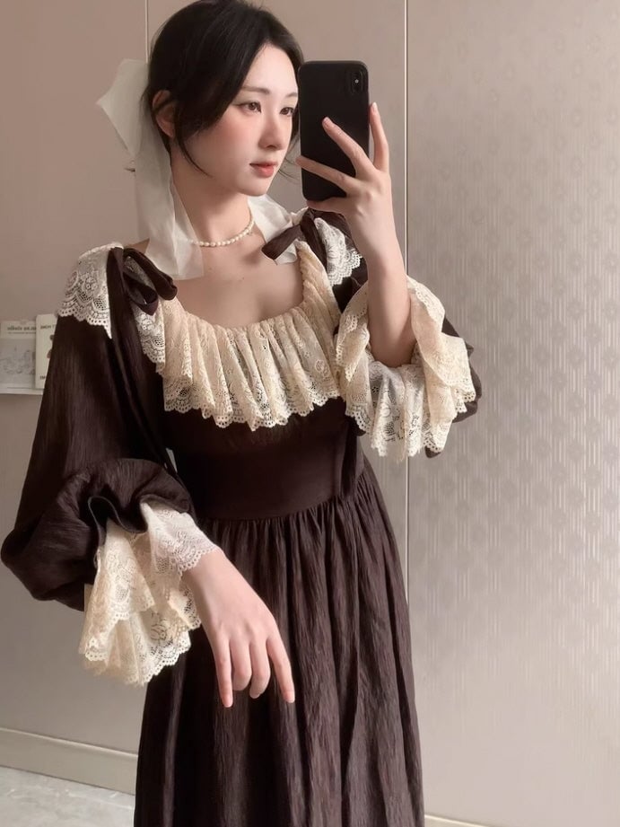 Mocha Brown Lace Trim Maxi Dress With Balloon Sleeves, Close-Up Take — Aesthetic Dress with Sleeves