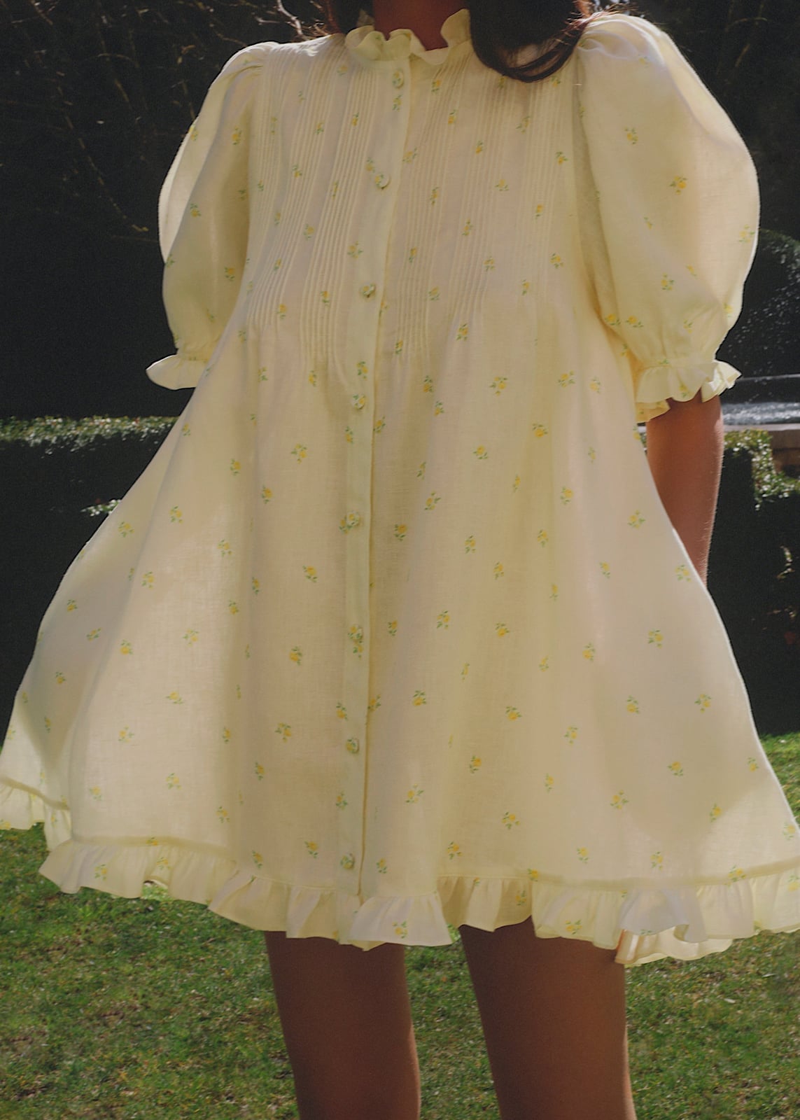 Pale Yellow Floral Babydoll Dress With Ruffled Details — Aesthetic Dress with Sleeves