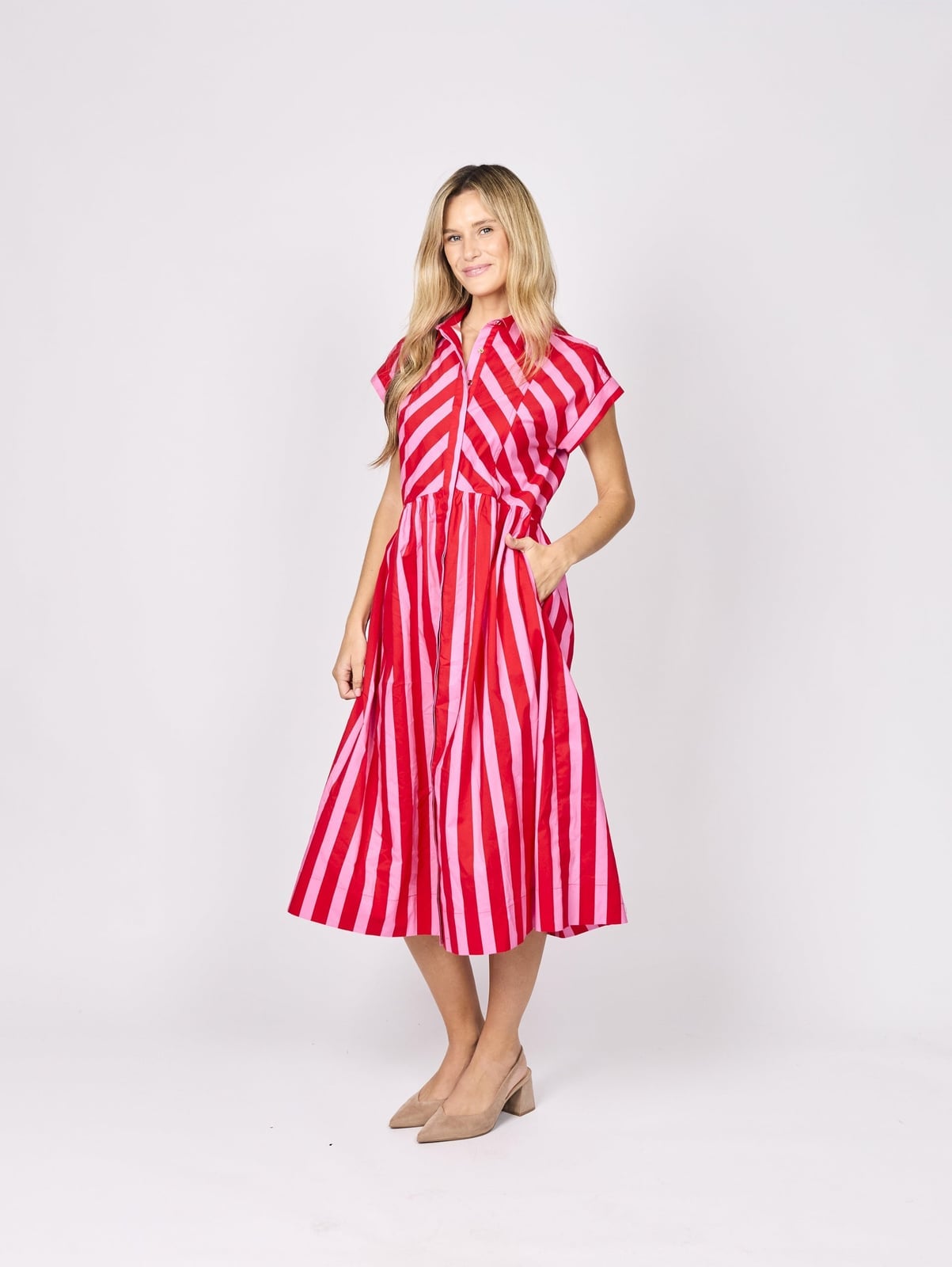 Pink Red Striped Collared Midi Dress With Pockets — Aesthetic Dress with Sleeves