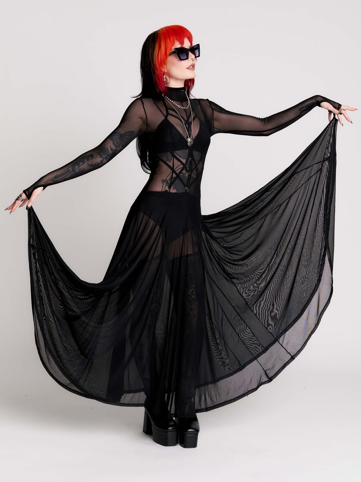 Black Sheer Mesh Dress With Corset Detail — Aesthetic Dress with Sleeves