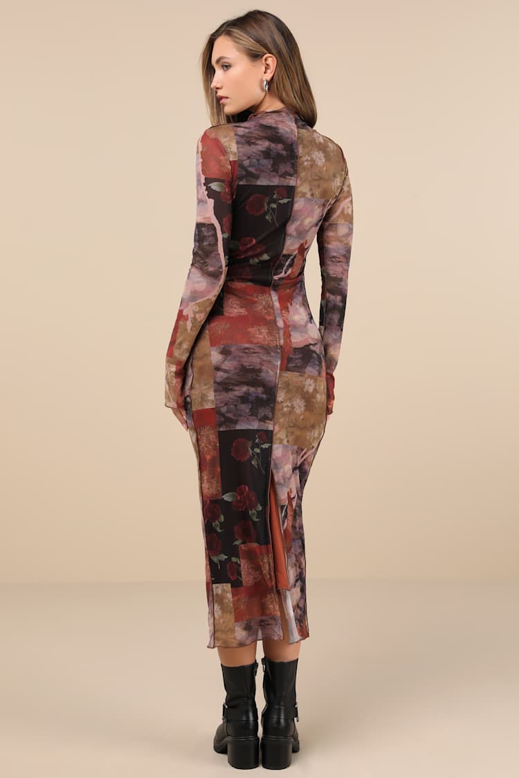 Fitted Long Sleeve Mesh Dress Multi-Color Patchwork Print Back View — Aesthetic Dress with Sleeves