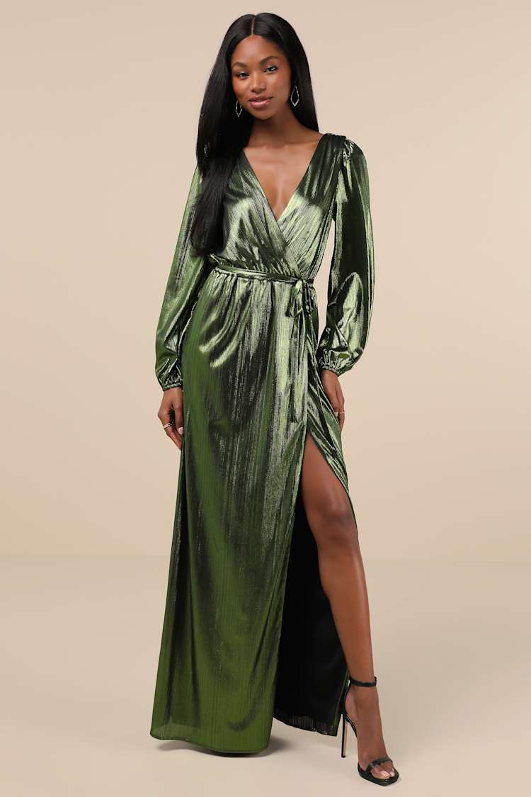 Green Metallic Wrap Maxi Dress With High Slit, Close-Up Take — Aesthetic Dress with Sleeves