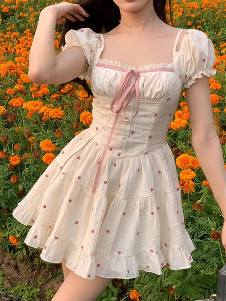 Cream Milkmaid Dress With Heart Print And Lace Trim — Aesthetic Dress with Sleeves