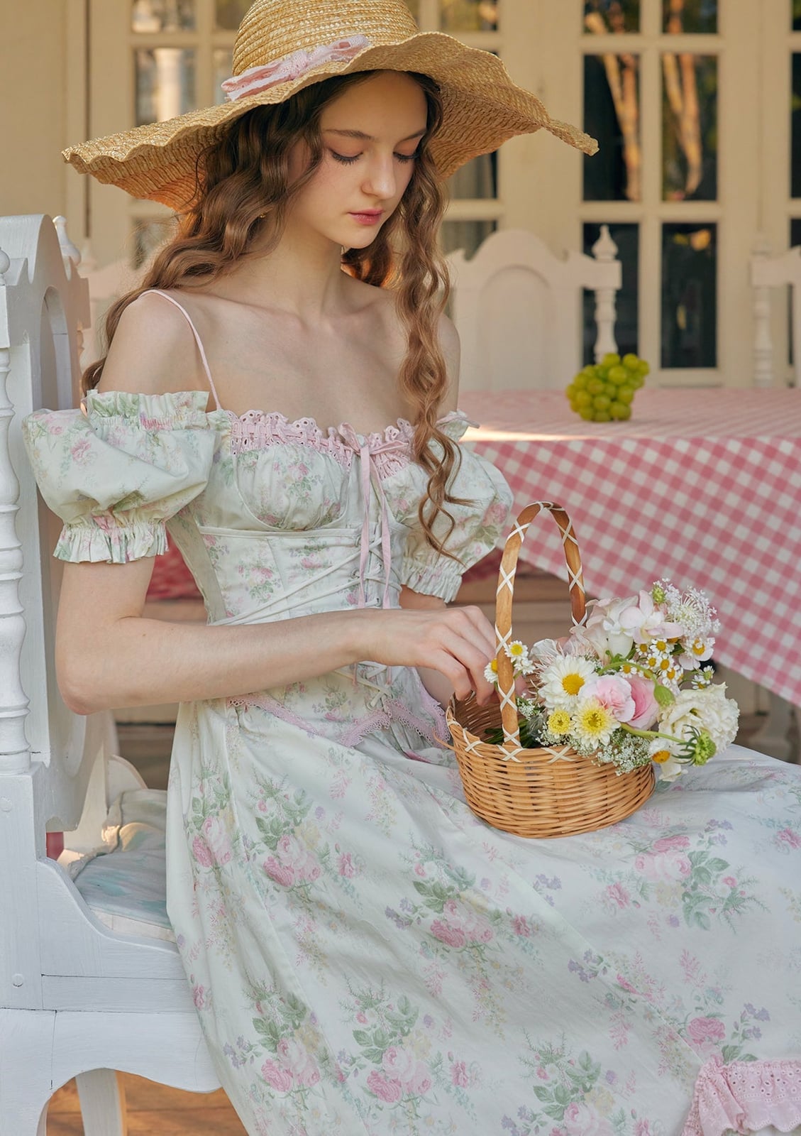 Pale Green Floral Corset Dress With Lace Puff Sleeves — Aesthetic Dress with Sleeves