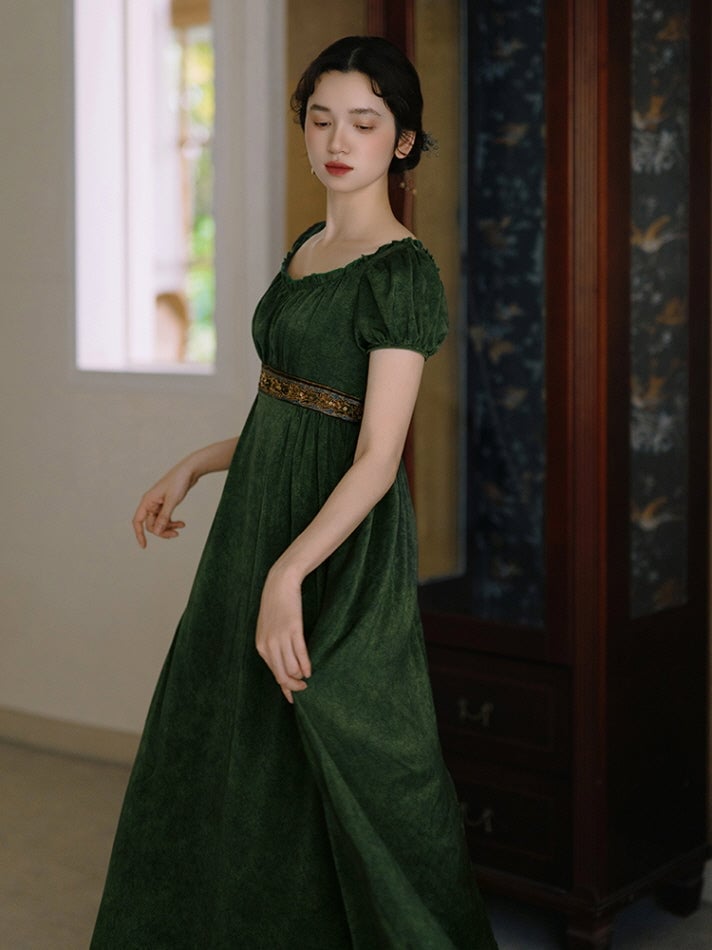 Dark Green Empire Waist Dress With Gold Embroidered Belt — Aesthetic Dress with Sleeves