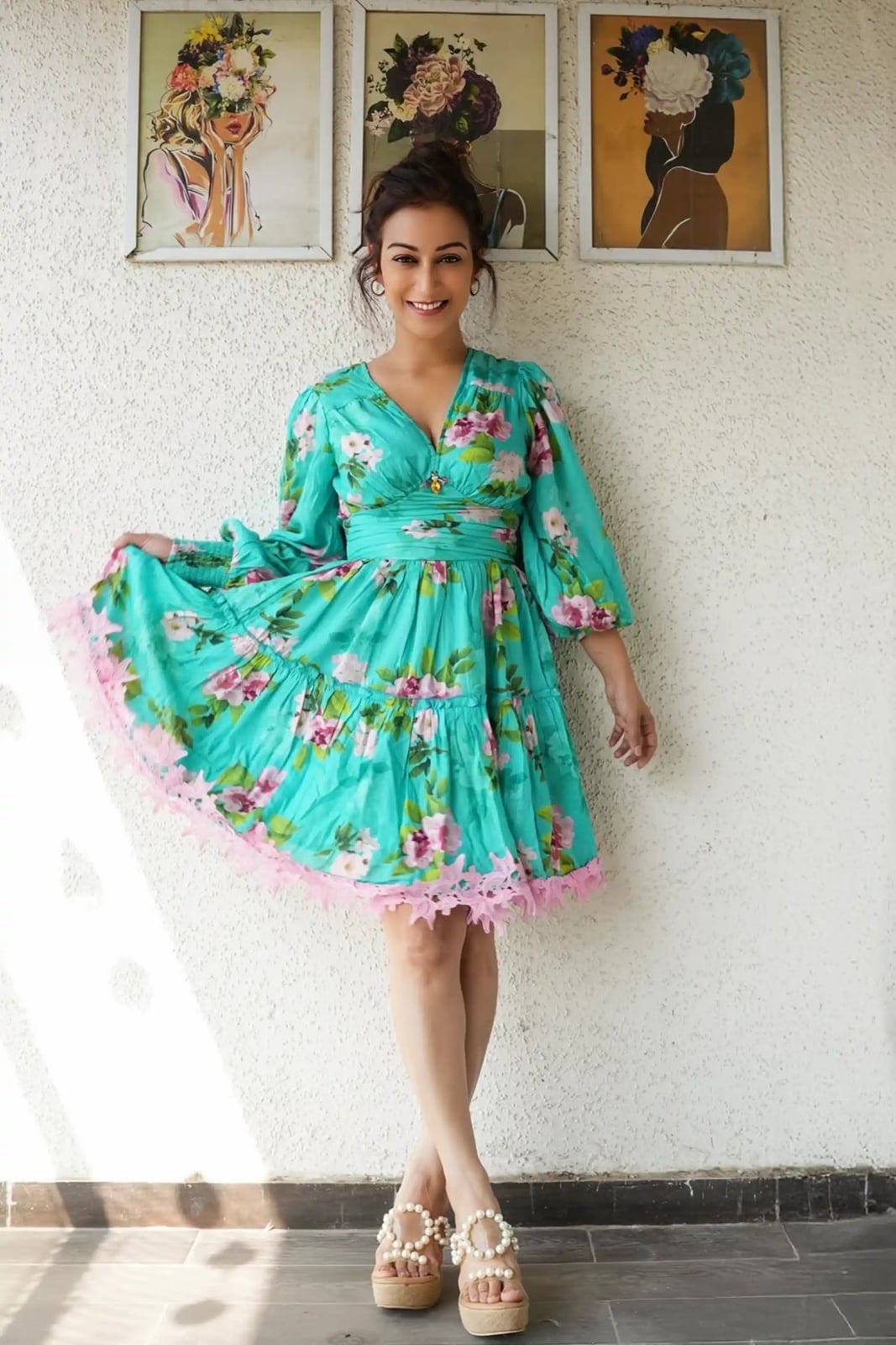 Teal Floral Print Dress With Pink Lace Trim — Aesthetic Dress with Sleeves
