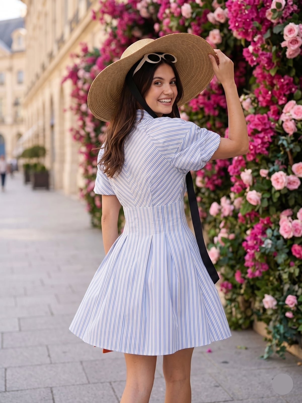Blue And White Striped Shirt Dress With Wide Brim Hat — Aesthetic Dress with Sleeves