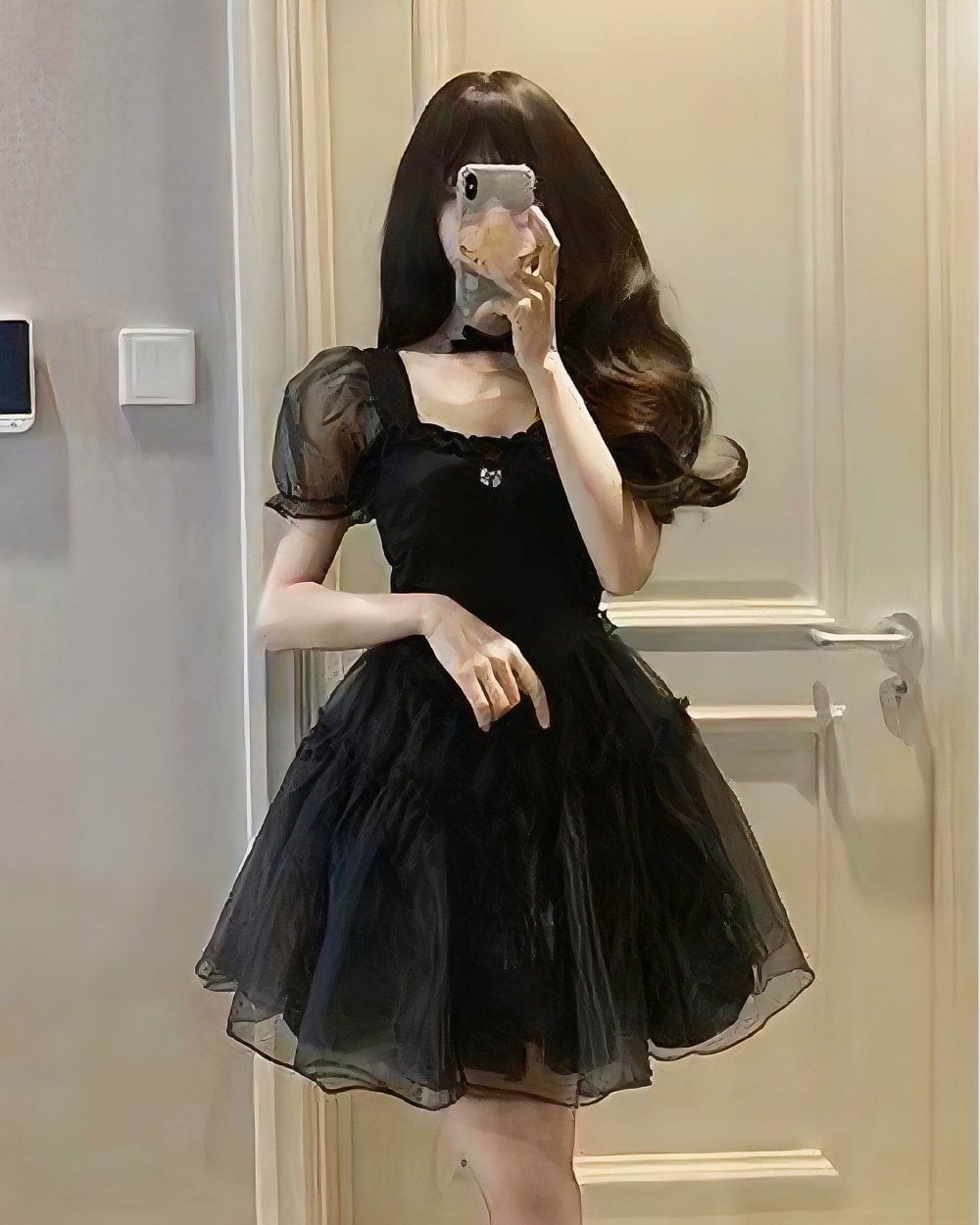 Black Mini Dress With Sheer Organza Puff Sleeves — Aesthetic Dress with Sleeves
