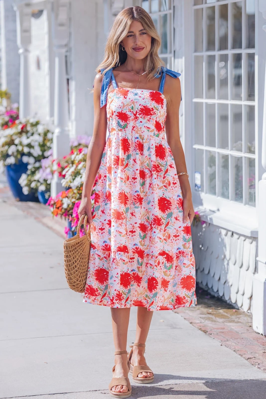 White Floral Dress with Blue Tie Straps and Tan Sandals White Floral Dress with Blue Tie Straps and Tan Sandals — Aesthetic Feminine Outfits