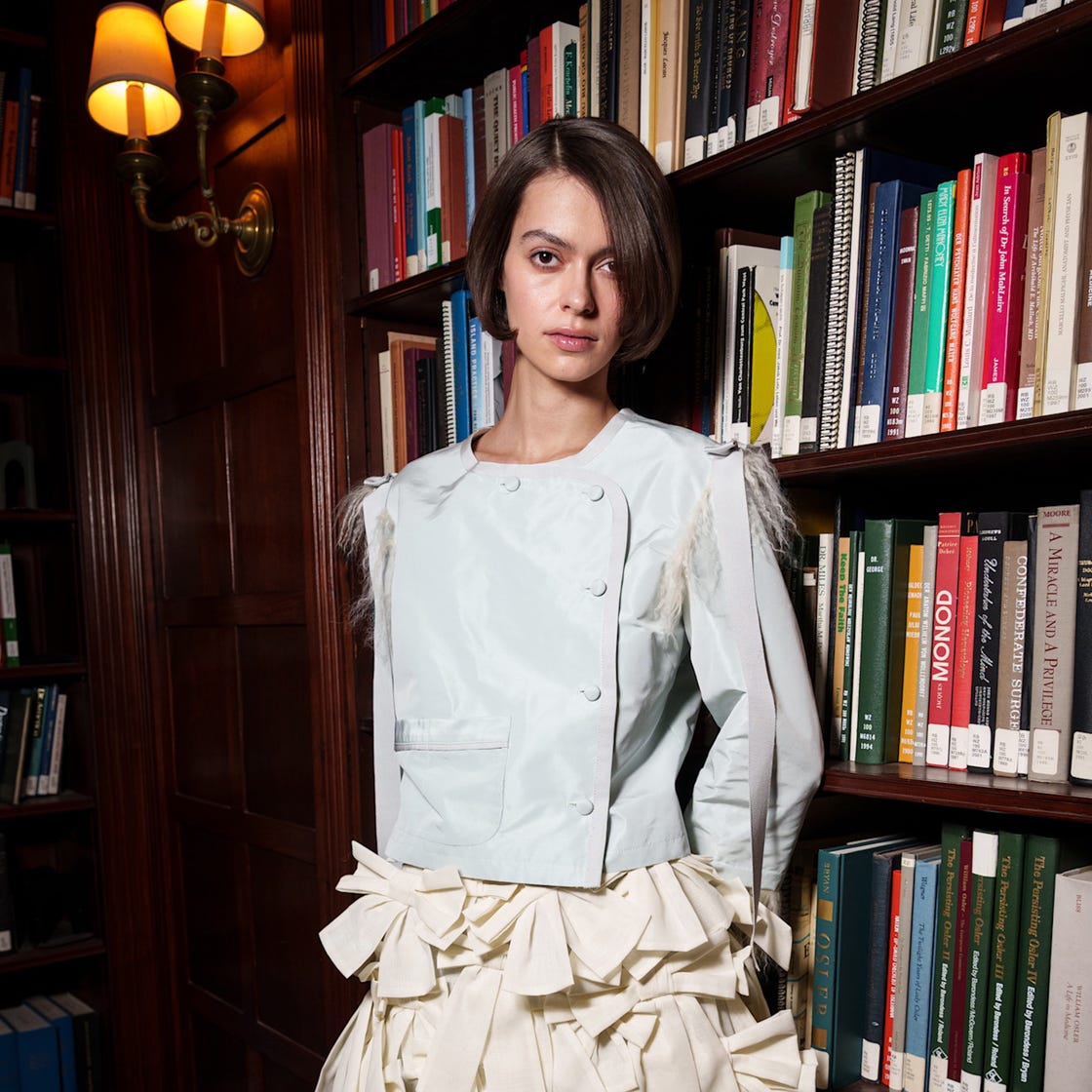Light Blue Feather-Trim Jacket with Cream Ruffled Skirt Light Blue Feather-Trim Jacket with Cream Ruffled Skirt — Aesthetic Feminine Outfits