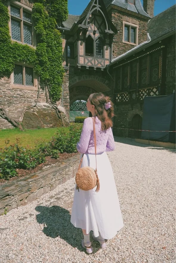 Lavender Cable Knit Sweater with White A-line Skirt and Sneakers Lavender Cable Knit Sweater with White A-line Skirt and Sneakers — Aesthetic Feminine Outfits