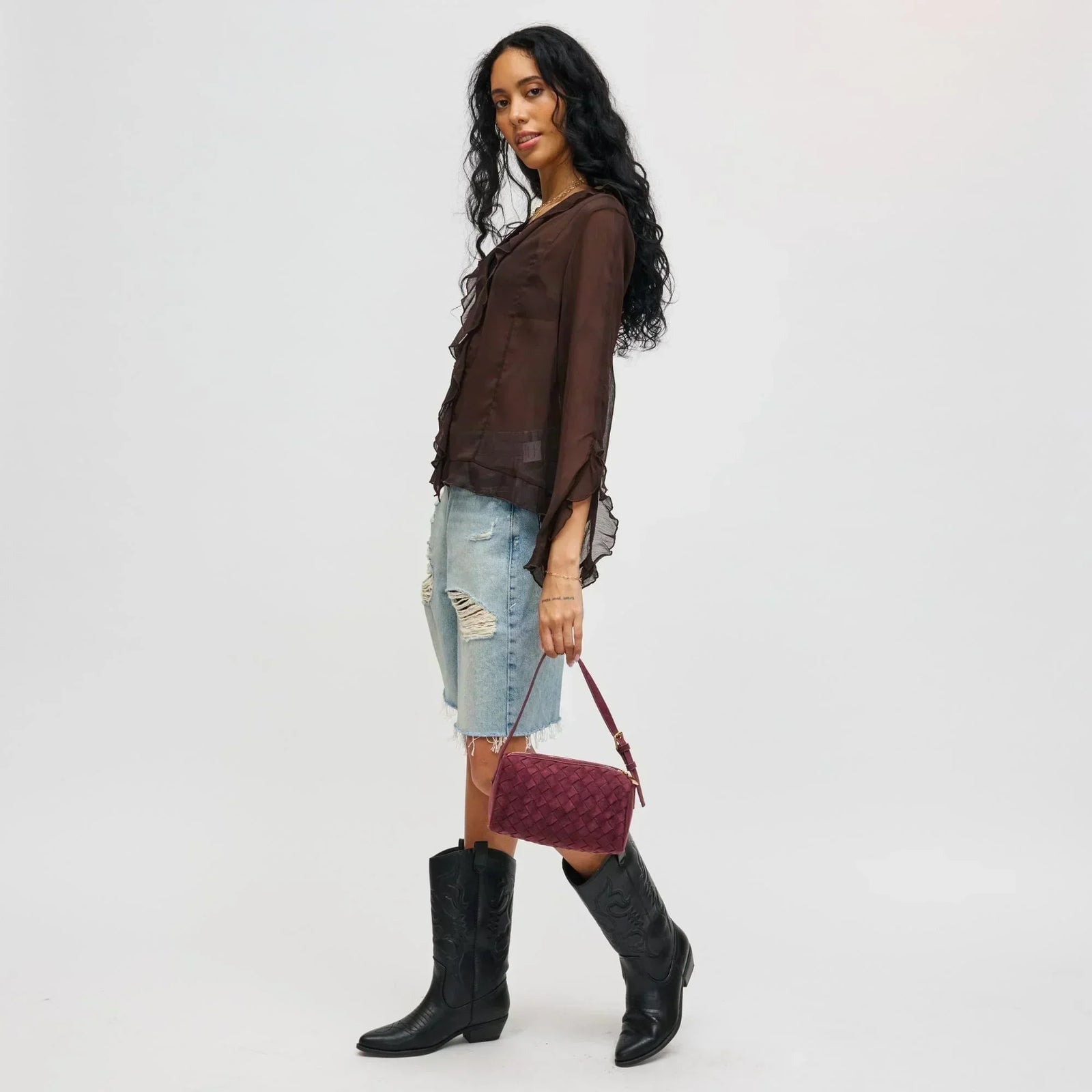Sheer Brown Blouse with Distressed Denim Shorts and Cowboy Boots Sheer Brown Blouse with Distressed Denim Shorts and Cowboy Boots — Aesthetic Feminine Outfits