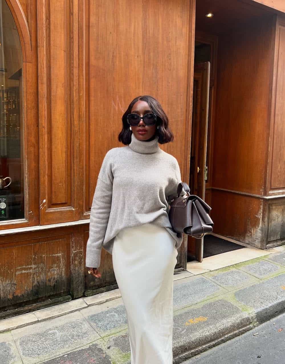 Grey Oversized Turtleneck Sweater with White Satin Slip Skirt Grey Oversized Turtleneck Sweater with White Satin Slip Skirt — Aesthetic Feminine Outfits