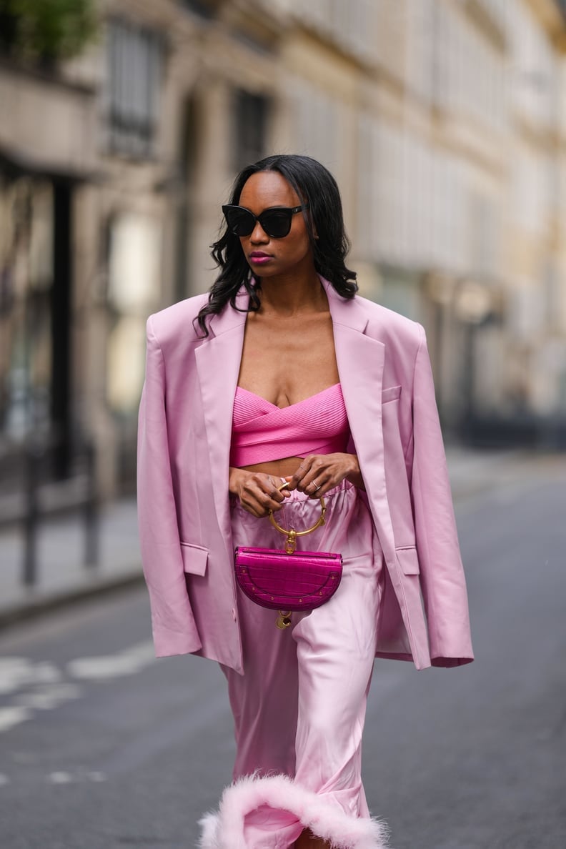 Oversized Pink Blazer with Pink Knit Crop Top and Feather Trim Oversized Pink Blazer with Pink Knit Crop Top and Feather Trim — Aesthetic Feminine Outfits