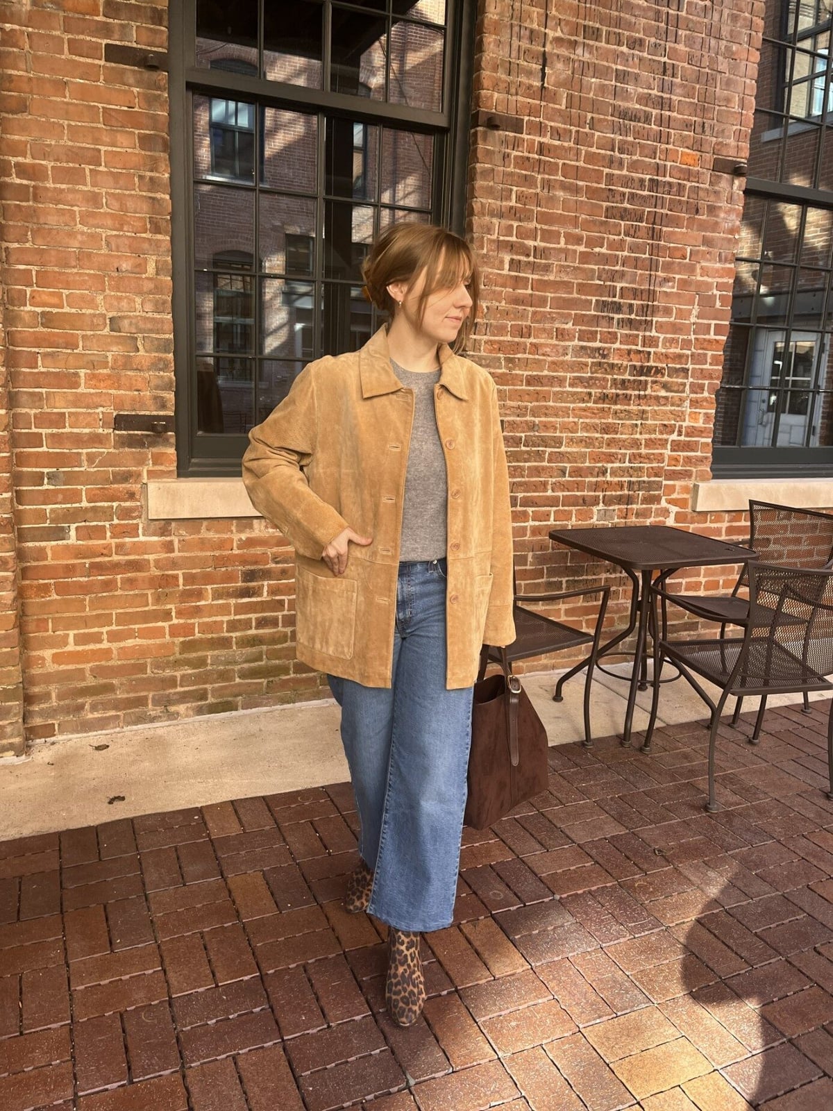 Tan Suede Jacket Over Grey T-Shirt and Wide-Leg Jeans Tan Suede Jacket Over Grey T-Shirt and Wide-Leg Jeans — Aesthetic Feminine Outfits