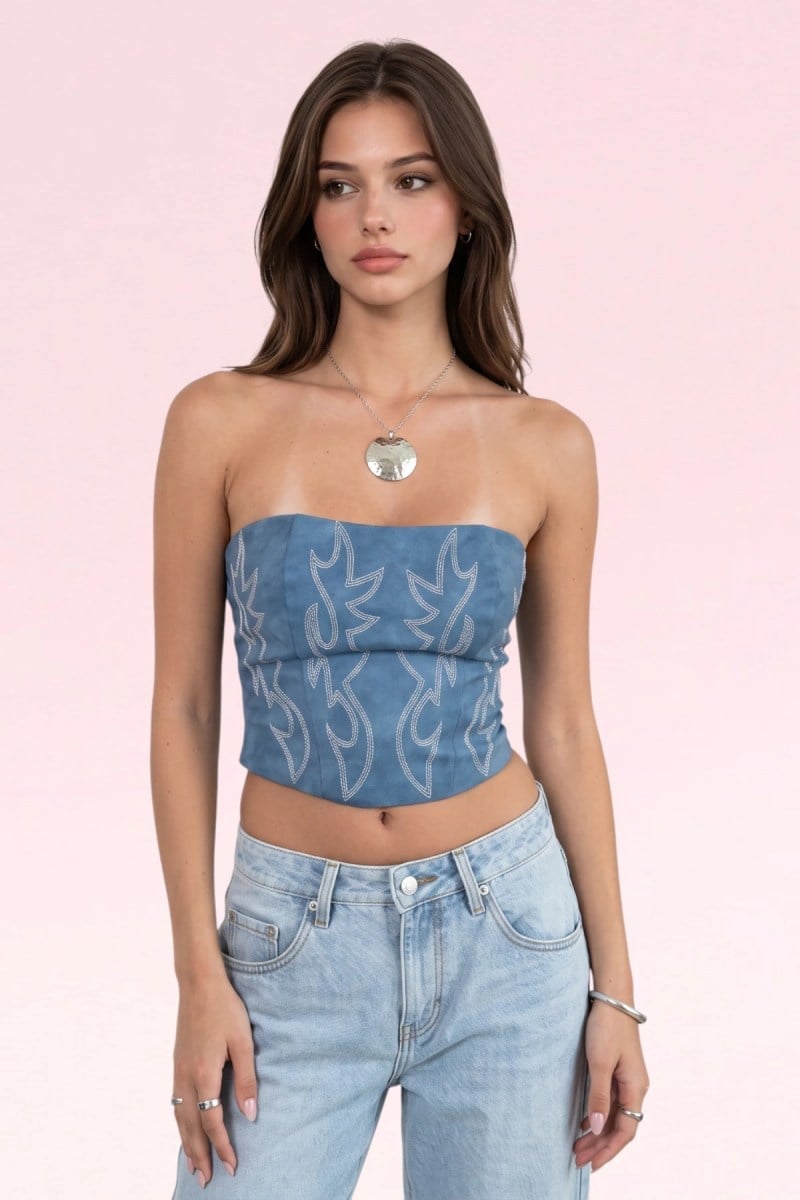 Blue Denim Strapless Tube Top with Flame Embroidery and Light-Wash Blue Denim Strapless Tube Top with Flame Embroidery and Light-Wash — Aesthetic Feminine Outfits