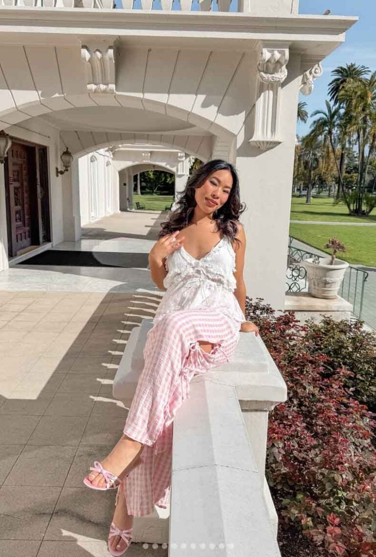 White Ruffled Camisole with Pink Gingham Wide-Leg Trousers White Ruffled Camisole with Pink Gingham Wide-Leg Trousers — Aesthetic Feminine Outfits