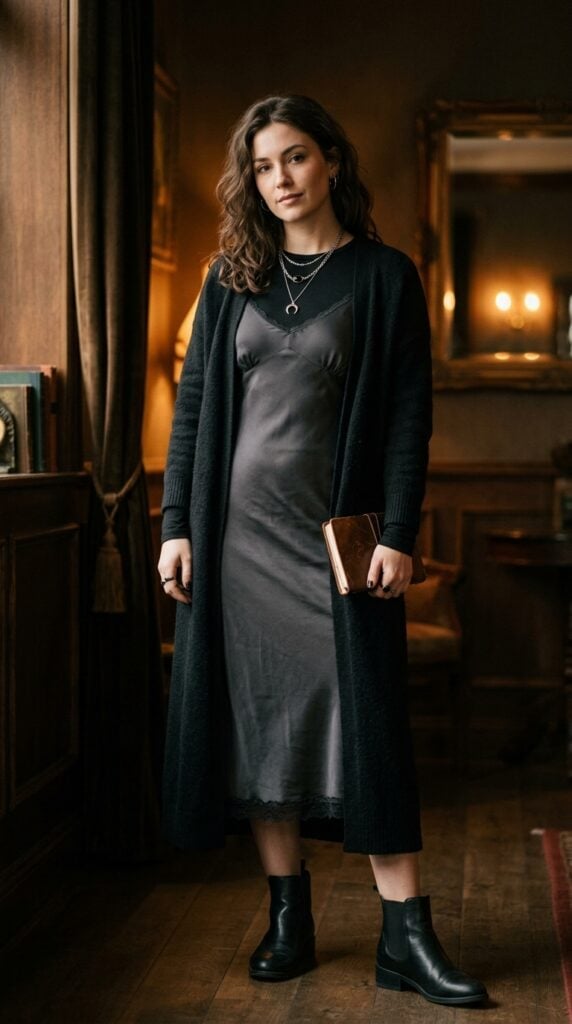 Charcoal Grey Cardigan Over Black Satin Slip Dress with Lace Trim Charcoal Grey Cardigan Over Black Satin Slip Dress with Lace Trim — Aesthetic Feminine Outfits