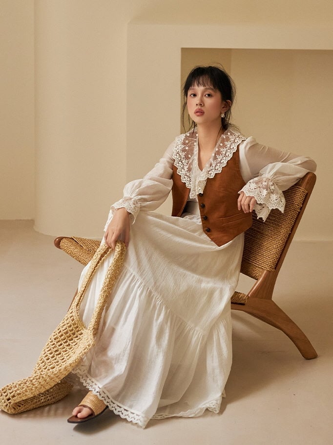White Lace Dress with Suede Vest and White Sandals White Lace Dress with Suede Vest and White Sandals — Aesthetic Feminine Outfits