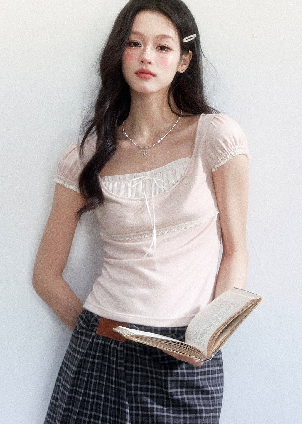 Pale Pink Puff-Sleeve Top with Ribbon and Lace Trim Pale Pink Puff-Sleeve Top with Ribbon and Lace Trim — Aesthetic Feminine Outfits