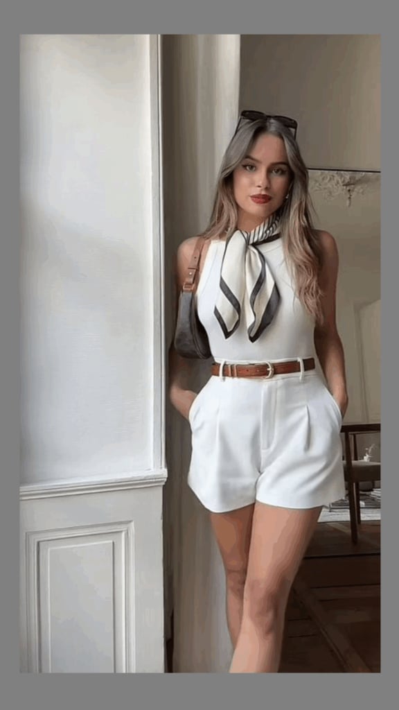 White Sleeveless Top with Silk Scarf and Tailored Shorts White Sleeveless Top with Silk Scarf and Tailored Shorts — Aesthetic Feminine Outfits
