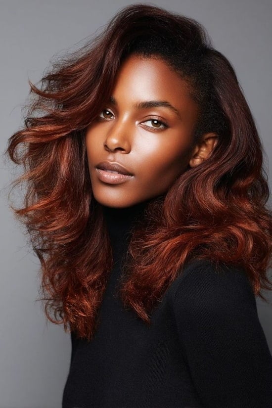Collarbone Copper Balayage With Glossy Finish Collarbone Copper Balayage With Glossy Finish — Aesthetic Ginger Hair