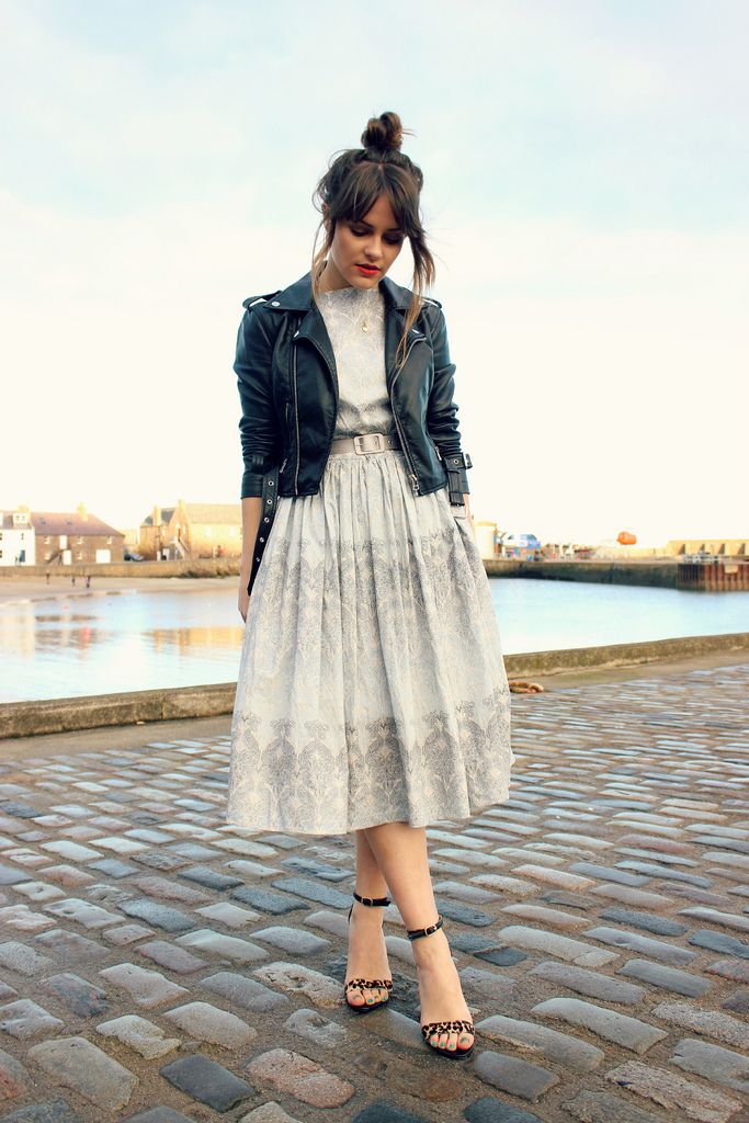 Moto Jacket Over Patterned Midi Dress, Close-Up Take Moto Jacket Over Patterned Midi Dress, Close-Up Take — Aesthetic Going Out Outfits